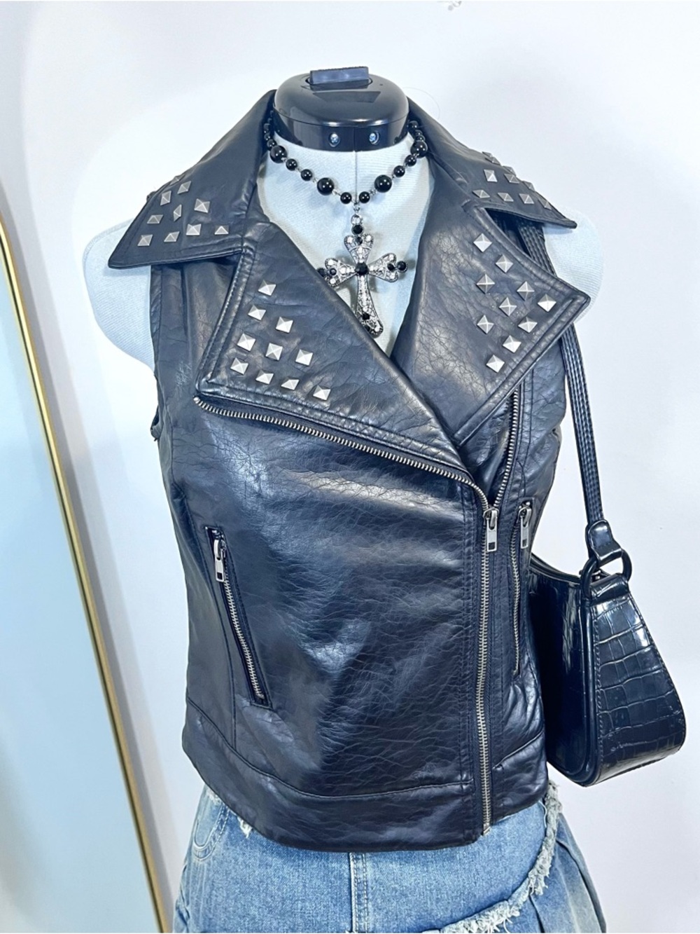 Boy Meets Girl Black Moto Studded Faux Leather Biker Vest